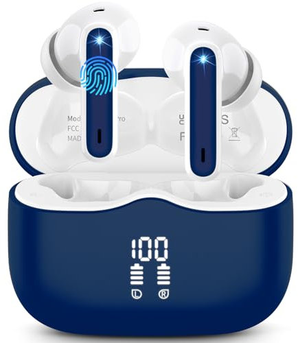 Wireless Earbuds, Bluetooth 5.3 Headphones in Ear with HiFi Stereo Deep Bass, 4 ENC Noise Cancelling Mic Wireless Earphones 40H Playtime, Bluetooth Earbuds Dual LED Display, IP7 Waterproof, Blue