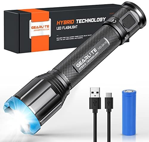 GEARLITE Linterna Híbrida LED (Pilas AA y Recargable), Linterna de Larga Duración con Batería Recargable, Lámpara de Mano Impermeable IP65 Zoomable con 4 Modos para Emergencias