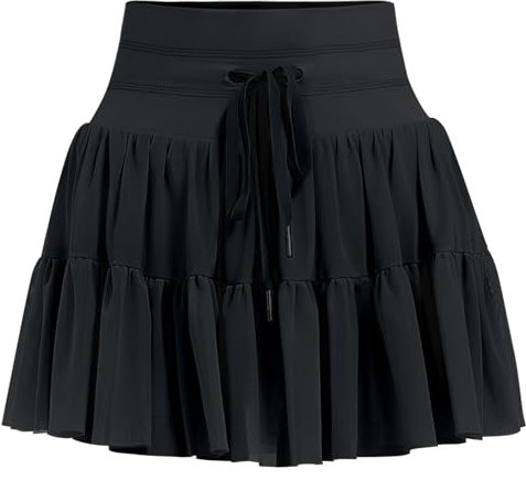 DGSHIRLDJO Tennisrock Damen mit Hose Kurz Hosenrock Hohe Taille Rüsche Sommerrock Faltenrock Golf Sportrock Workout Minirock (DE/NL/SE/PL, Alphanumerisch, M, Regular, Regular, Schwarz)