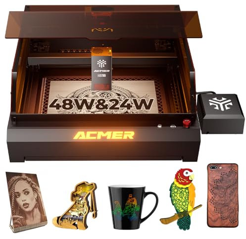 ACMER P3 48WLaser Graviermaschine, Desktop-Diode 48W und 24W Leistung mit integriertem Gehäuse und AI Kamera,48000 mm/min,CoreXY-Struktur, Laser Cutter Holz/Acry Für Kleinunternehmer und Fachleute