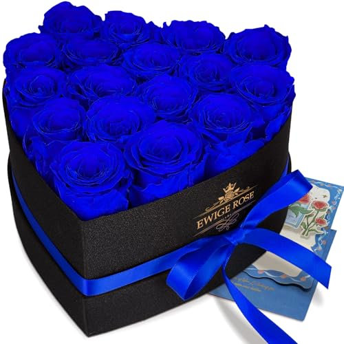 QHHENTOO Lot de 17 roses éternelles bleu éternelle dans une boîte en forme de cœur pour femme, mère, pour anniversaire, Saint-Valentin, fête des mères, Noël, anniversaire de mariage