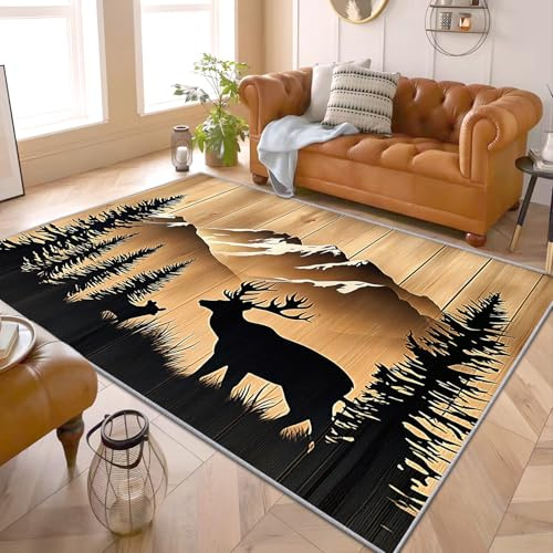 PaxGloz Hirsch Teppich - Teppiche Wohnzimmer Schlafzimmer Hirsch Wald, Kleiner Teppich Jagdmotiv REH, Weich Kurzflor & Waschbar & rutschfest Fussmatte Innen, Kinderteppich 60x90 cm