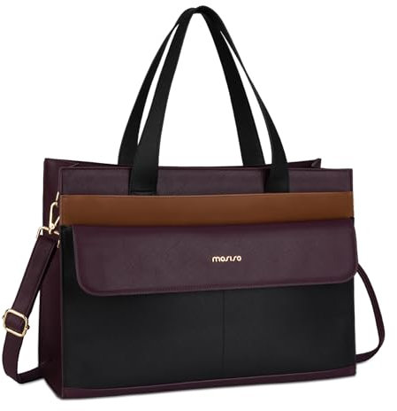 MOSISO Laptop Tote Bag, 15.6 inch PU Leather Tote for Women Professional Handbag with Flapover Pocket&Clutch Purse, Waterproof Shoulder Computer Bag Work Briefcase for Business Office, Plum