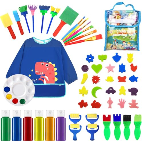 Surmounty 54-Piece Washable Finger Paint Art Set for Kids - Complete Creative Kit with Waterproof Apron, 24 Animal Stencils & Safe Painting Tools for Toddlers