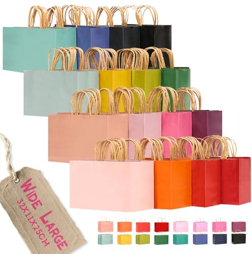 Gcardist 100 Stück Breit Groß-Geschenktüten aus Papier mit Henkeln–12.6×4.3×10 Party-Tüten aus Kraftpapier – 16 einfarbige Farben