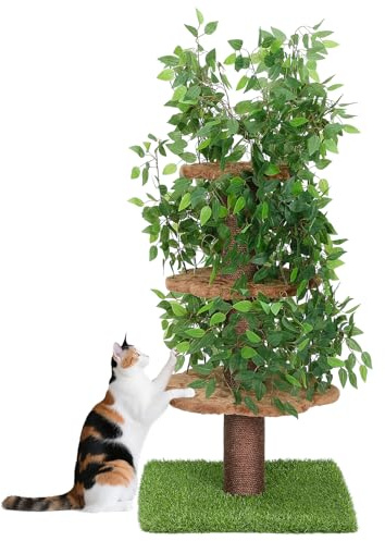 Tiragraffi a torre per gatti, centro attività multilivello con palo in sisal e finta foglia di ficus per arrampicarsi, giocare e dormire