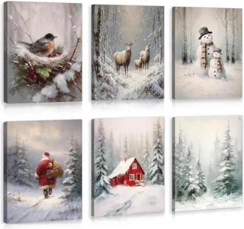HPNIUB 6 Stuck Winter Wald Schneemann Leinwandbild Weihnachten Deko 20x25cm