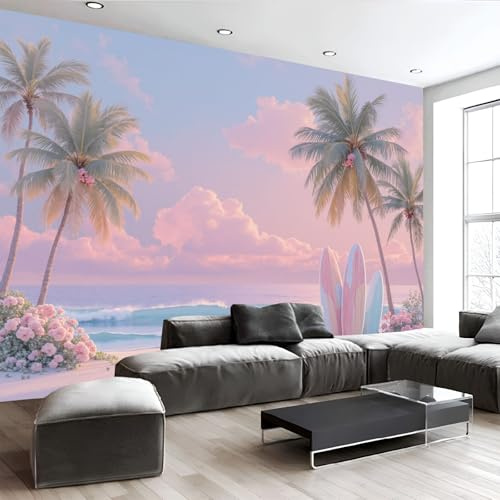 Carta da Parati Panoramica 150Lx105A cm Decorazione Rivestimento Murale, Decorativo per Camera da Letto Soggiorno, Design Fotografia Di Estate Spiaggia Tavola Da Surf Palme, Rosa