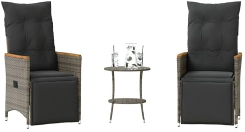Tonture 3-TLG. Bistro-Set mit Kissen Grau, Poly Rattan, verstellbare Relaxsessel, Gartentisch, UV-beständig, für Balkon, Terrasse, Garten
