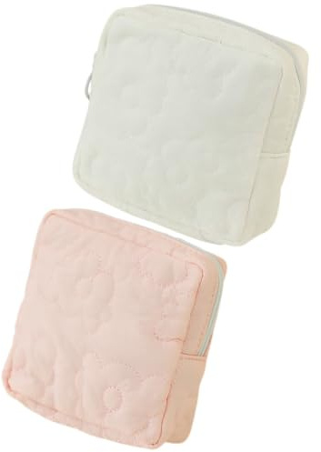 POPETPOP 2 Stück Niedliche Periodentasche für Damen Tampon Bindenaufbewahrung mit Reißverschluss Kompakt Tragbar Vielseitiger Hygienebeutel für Reisen und Alltag Rosa Beige