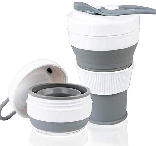 AniSqui coffee to go becher faltbar, [Bechermund mit Gewinde], (450ml 16oz, 100% Lebensmittelqualität Silikon BPA-frei kaffeebecher faltbar) by Grau