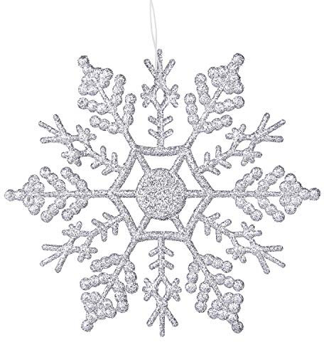 Tenrany Home Glitzer Schneeflocken Ornament, 12 Stück Plastik Glitter Schneeflocken Deko zum Aufhängen Weihnachtsbaum Fenster Dekoration Weihnachten Deko Weihnachtsbaumschmuck (4 Zoll,Silber)