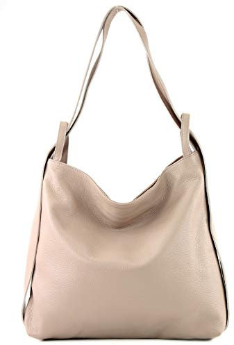modamoda de T192 Damen Leder Rucksack Schultertasche 2in1 handmade in Italy, Farbe:Rosabeige