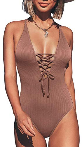 CUPSHE Damen Badeanzug mit Schnürung Plunge Einteiler Gerippte Einteilige Bademode Swimsuit Rosigbraun XL