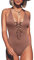 CUPSHE Damen Badeanzug mit Schnürung Plunge Einteiler Gerippte Einteilige Bademode Swimsuit Rosigbraun XL