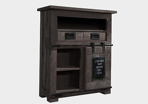 MASSIVMOEBEL24.DE | Railway kleine Kommode aus Massivholz #252 | aus Mangoholz - grau lackiert | 75x36x90 cm | 5 Fächer, 2 Schubladen - mit Schiebetür | Sideboard Schrank