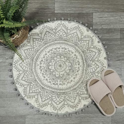 Uphome Runder, Kleiner Teppich, 60 cm mit schicker Bommelfranse, Boho-Stil, graues Mandala, Badezimmerteppich, weicher, Rutschfester Samt-Bodenüberwurf für Schlafzimmer, Wohnzimmer