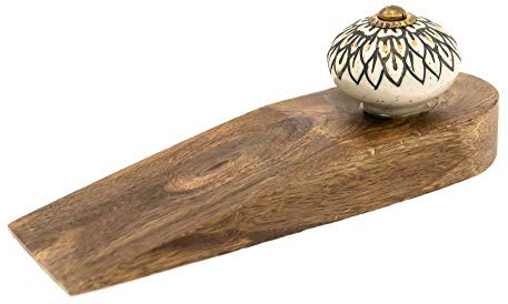 Retro Vintage Traditional Wooden Door Stop Stopper Wedge with Ceramic Knob (Design 1)