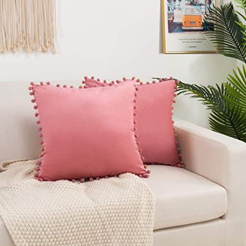 Elegant Comfort Pom Lot de 2 Housses de Coussin carrées décoratives en Velours Doux de Couleur Unie pour canapé-lit, Salon, 45,7 x 45,7 cm, Rose poudré