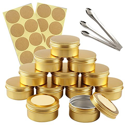TIANZD 100 Pièces 80 ml Vide Rond Or Pots en Aluminium Cosmétiques Pot Canettes Bocaux Conteneurs 5ml for Fait Main Bougies Crème Baume Voyage, 3x aluminium cuillère, 100x Étiquettes
