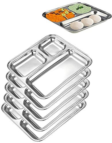WG inc 6-Pack Stainless Steel Compartment Dinner Plates ~ Premium 3 Section Divided Dishes 10 inch Square Food Camping Plates - Dishwasher Safe Kitchen Metal Trays
