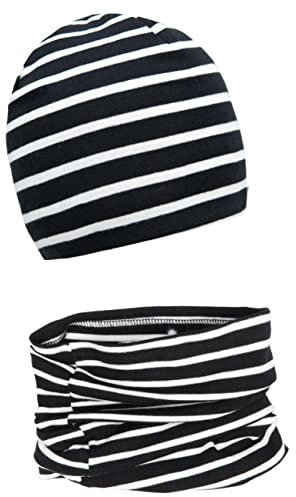 Foruhoo Baby Mädchen Beanie Mütze + Schlauchschal 2er Set, Wintermütze für Jungen Mädchen Baumwolle (53L und 49-53, Baumwolle Set: Schwarz Streifen)
