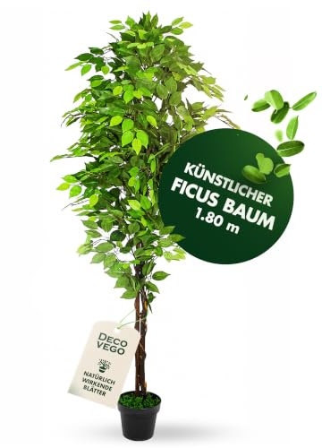 Decovego Künstlicher Ficus Benjamin, Kunstpflanze, 180 cm Kunstbaum | 2 Stämme, pflegeleicht, mit Echtholzstamm, immergrün für Wohn- und Büroräume