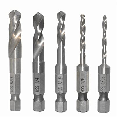SeonFook 5-teiliges Kurzbohrer-Set mit kurzen Bohrern, HSS 4241 Stahl, 1/4 Zoll Schnellwechsel-Sechskantschaft 3/32, 1/8, 3/16, 1/4, 5/16 Zoll für Holzbearbeitung