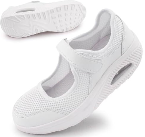 Git-up Damen Walking Schuhe mit Klettverschluss Atmungsaktives Vermascht Krankenschwester Schuhe Leichtes Memory Schaum Luftkissen Sneaker, Weiß 38