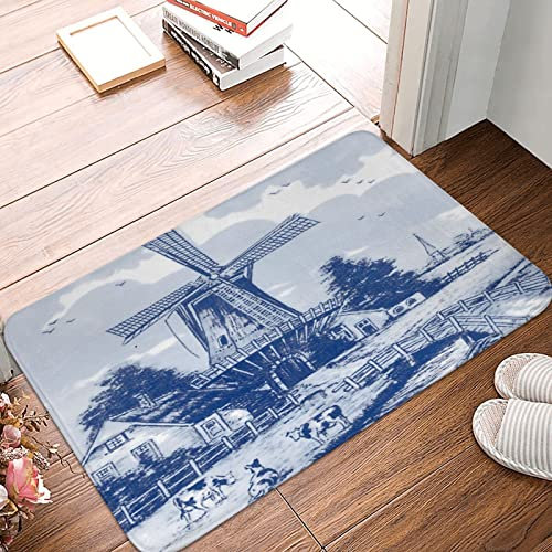 Badvorleger Nederland Niedliche Vintage Holländische Windmühle Delfter Blau 40X60Cm Saugstarke Türmatte Lustige Rückseite Fußabtreter Rutschhemmender Eingangstürmatte Für Eingang Haustür