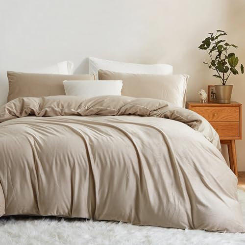 Lanqinglv Flanell Fleece Bettwäsche 155x220 cm Khaki Haferflocken Plüsch Flauschig Winterbettwäsche Warme Cashmere Touch Biber Uni Bettbezug mit Reißverschluss und 1 Kissenbezug 80x80 cm
