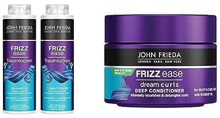 John Frieda Frizz Ease Traumlocken Vorteilsset, bestehend aus Shampoo, 500 ml + Conditioner, 500 ml + Haarkur, 250 ml - Haartyp: lockig, wellig, frizzy, widerspenstig - Definiert und verstärkt Locken