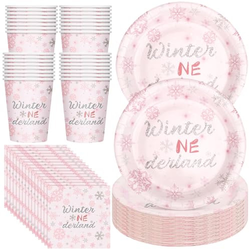 Hushee 200 Pcs Winter Onederland Party Supplies Set Winter Onederland Party Plates Serves for 50 Snowflake 1st Birthday Decoration Disposable Tableware for Wedding Birthday Party(Pink)