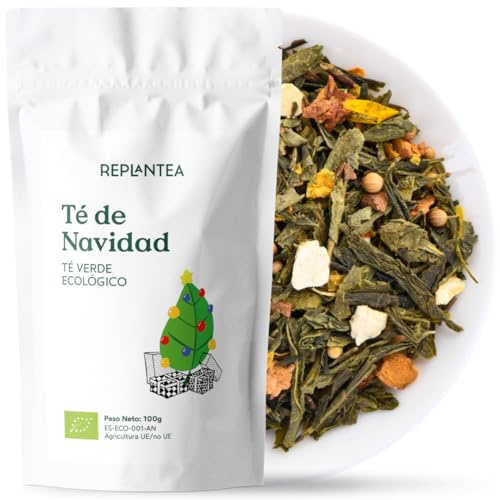 TE VERDE DE NAVIDAD 100% Ecológico 100g (50 Tazas) | Té de Navidad con Té Verde Sencha, Canela, Clavo, Pimienta Rosa y Naranja REPLANTEA®