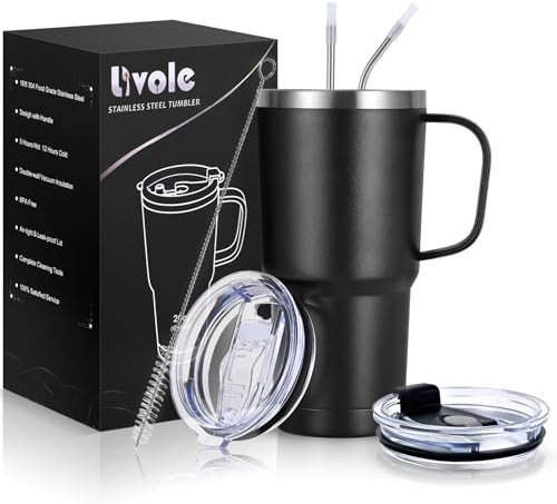 Livole 20oz Travel Mug with Handle, 600ml Insulated Tumbler with Straw and 2 Lids, Double Walled Vacuum Water Cup Bottle, Stainless Steel Thermal Travel Coffee Mugs for Cold Drinks, Black