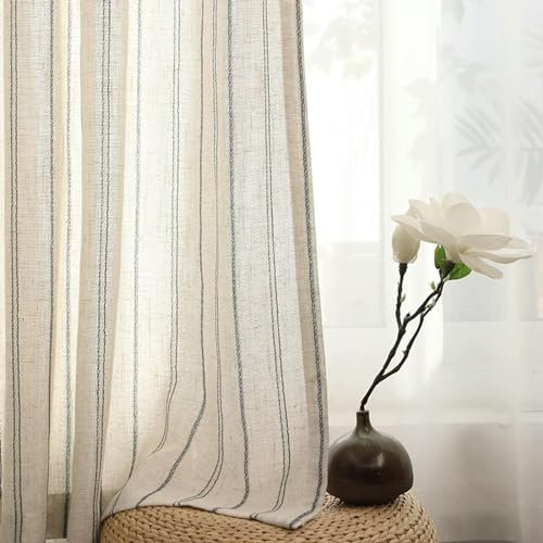 GOPEO Leinen-Baumwoll-Streifenvorhang für Wohnzimmer, Leinen-Schlafzimmervorhang, Fenstervorhänge für Schlafzimmer, Küchenvorhänge