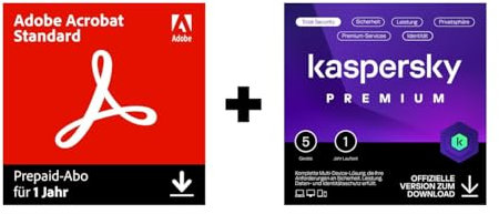 Adobe Acrobat Standard + Kaspersky Premium Total Security 2024 | 5 Geräte | 1 Jahr | Unbegrenzter VPN | Passwort-Manager | Kindersicherung | 24/7 Unterstützung | Code per Email