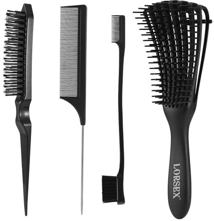 Uirheurd 4 Stück Curly Hair Brush, Haarbürste Locken Bürste Curly Hair Product Entwirrbürste für Afro Haare 3a bis 4c Verworrenes, Welliges, Detangling Brush Doppelkanten Bürste und Kamm (Schwarz)