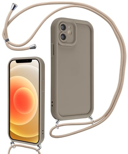 Coalbooliy Handyband für iPhone 12 mini Hülle 5,4 mit Band, Handyhülle Kameraschutz Weiches Silikon Necklace Stoßfeste Schutzhülle mit Kordel zum Umhängen Cover für Mädchen Frauen, Khaki