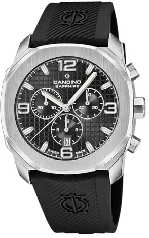 Candino Swiss Herrenuhr Analog aus Kautschuk Schwarz | Quarzwerk, Chronograph, Kalender, Widerstandsfähiges Saphirglas, Wasserdicht 10 ATM C4774/6 Icon