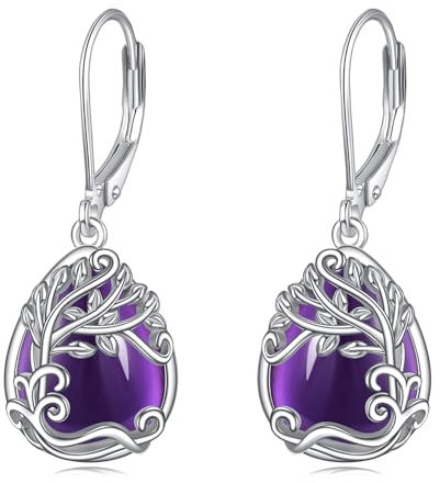 Amethyst Baum des Lebens Ohrringe für Damen 925 Sterling Silber Lebensbaum Tropfen Ohrringe Leverback Schmuck Geschenke (B-Mondstein Baum des Lebens)