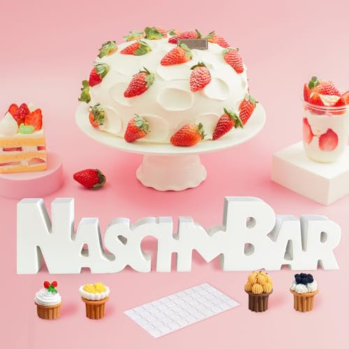 FINEASY Candy Bar Deko Holz Weiß mit 4 Ornament aus Harz, Candy Bar Schild, Naschbar Zubehör Tisch Ornament, Naschbar Schriftzug Holz für Hochzeiten Geburtstage Candy Bar Partys