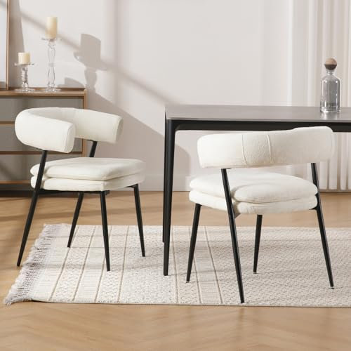 chairus Chaises de Cuisine Lot de 2 en Tissu Chenille Chaise Salle à Manger avec Double Coussin Rembourré Chaise de Salon avec Pieds Métal, Blanc