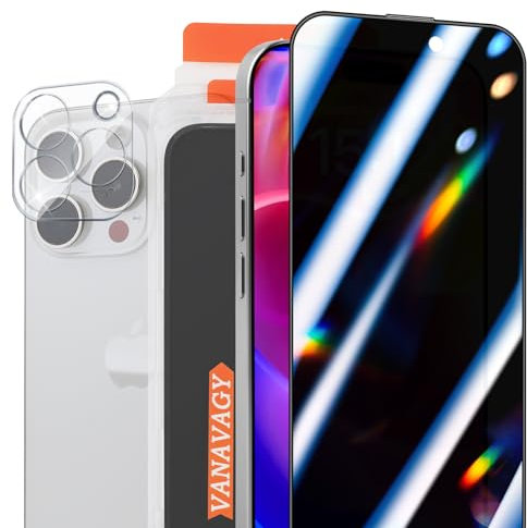 VANAVAGY 2 Pack Privacy Glass Screen Protector for iPhone 16 Pro max, [2 Pack Camera Lens Protector] [Easy Installation] Plating Film with Frame Full Coverage Case for Apple 16 Pro max