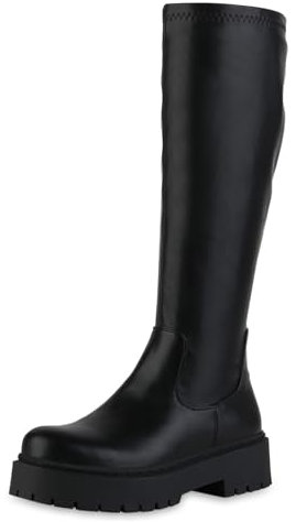 VAN HILL Damen Plateaustiefel Blockabsatz Profilsohle Trendy Schuhe 216421 Schwarz 39