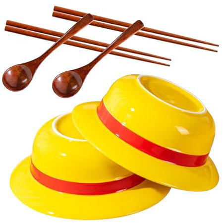 HTVCBU 2PC Anime Ceramic Straw Hat Bowl Set, Thick Ceramic, 7.5 Inch Diameter, Suitable for Ramen Cereal Salad, Comes with 2PC Spoon and 2PC Chopsticks