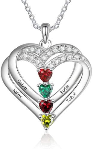 lorajewel Women's Necklaces with Name Personalised Necklace with Birthstone Heart Pendant Silver Gift for Women Mum Wife Christmas Mother's Day (4 name)