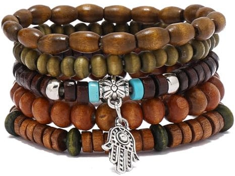 RUICHING Boho Beaded Bracelets, Wooden Bead Bracelet, Palm Pendant Blue Brown Multi-layer Bracelet Hippy Accessories Gifts for Women Men