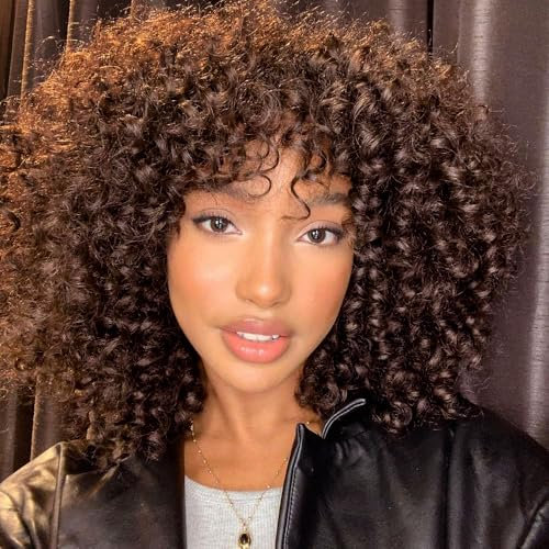 ColourfulPanda Afro Perücke Braun Synthetische Brasilianisches Verworrene Lockige Natürliche Haar für Frauen, Kinky Curly mit Pony kurze Perücken für Schwarze Damen (Dunkelbraun)