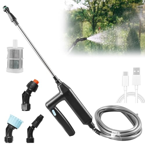Elektrischer Pflanzensprüher, Akku Drucksprüher Wiederaufladbarem und Tragbarer Sprühstab mit 23,6-Zoll-Teleskopstab 5m Schlauch & 3 Düsen Gartensprüher für Garten,Terrasse,Rasen und Unkraut